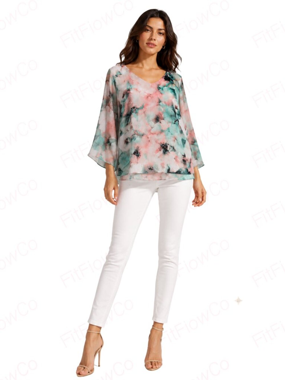Jennifer Lopez Petite Floral Chiffon Layered Bell Sleeve Top PM